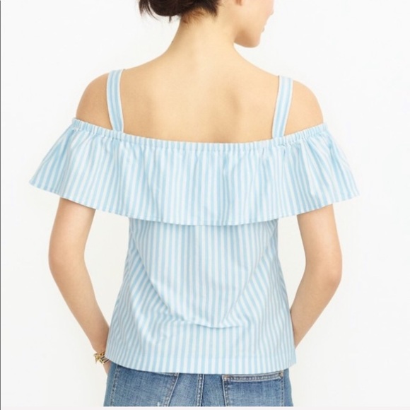 NWT j. crew Off Shoulder Ruffle Blue Striped Top - Picture 2 of 6